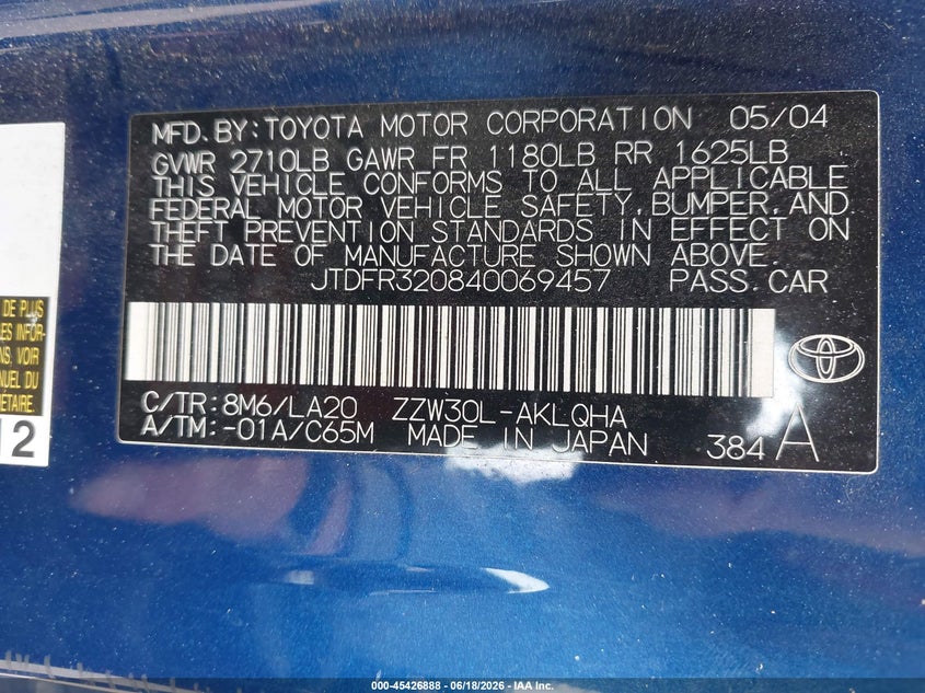 2004 TOYOTA MR2 CABRIO 1.8L I-4 DOHC, VVT, 138HP