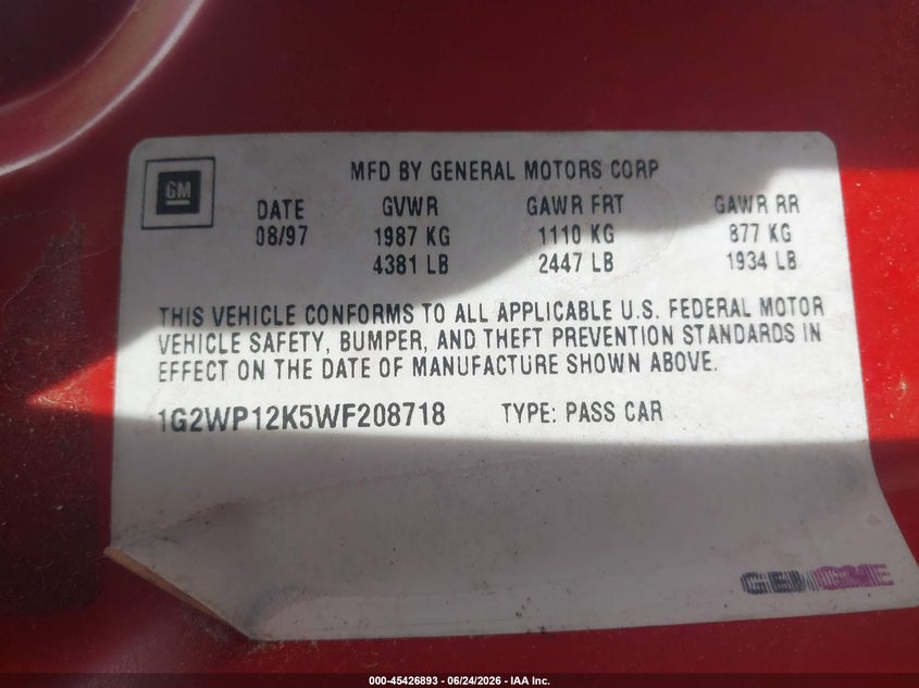 1998 Pontiac Grand Prix Gt VIN: 1G2WP12K5WF208718 Lot: 45426893
