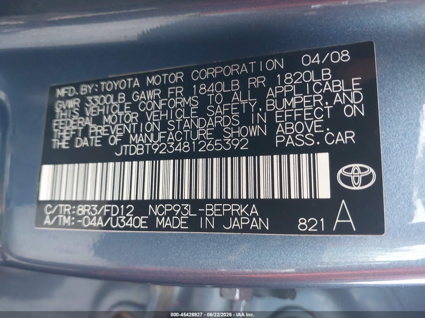 2008 Toyota Yaris VIN: JTDBT923481265392 Lot: 45426927