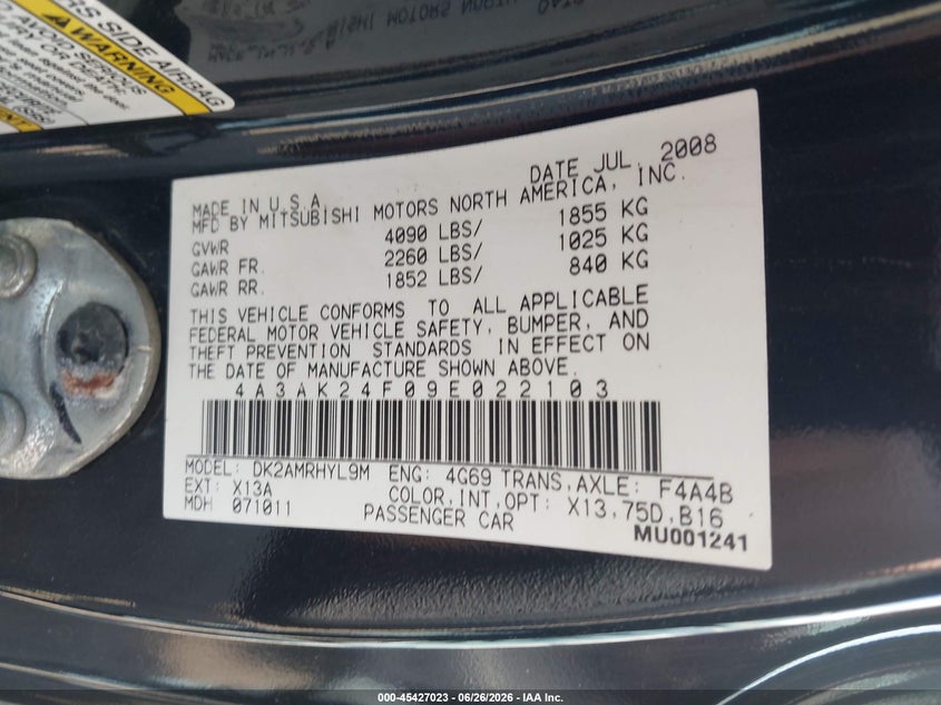 2009 Mitsubishi Eclipse Gs VIN: 4A3AK24F09E022103 Lot: 45427023