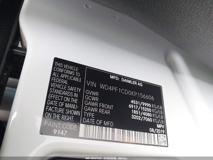 2019 Mercedes-Benz Sprinter 3500 High Roof V6 VIN: WD4PF1CD0KP156606 Lot: 45427028