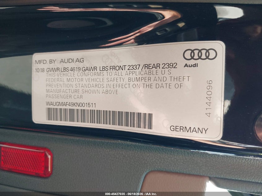 2019 AUDI A4 SEDAN 2.0L I-4 DI, DOHC, VVT, TURBO, 188HP