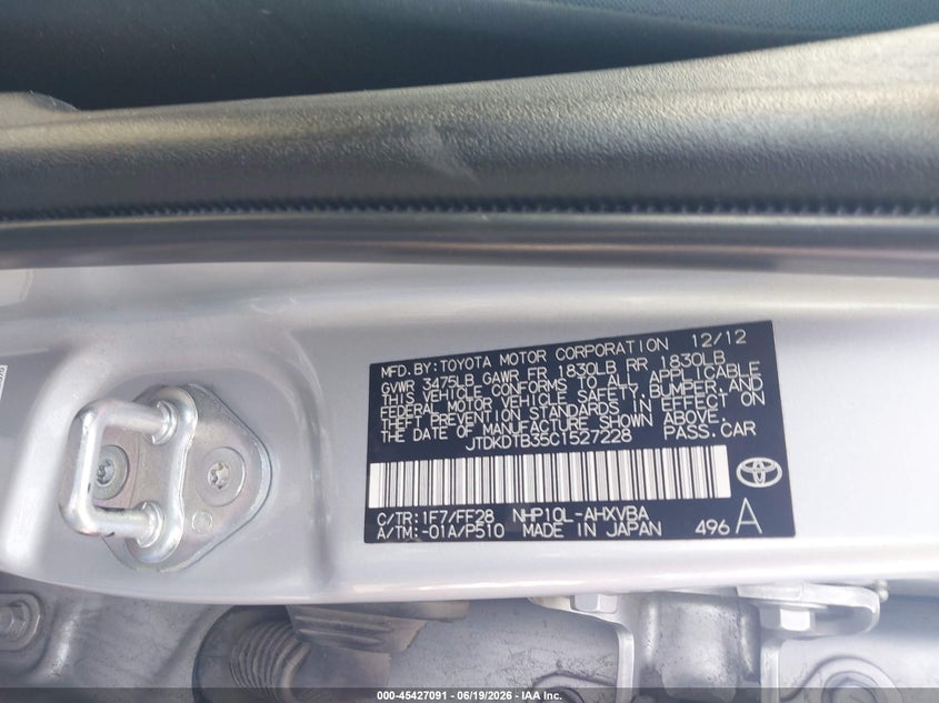 2012 Toyota Prius C Two VIN: JTDKDTB35C1527228 Lot: 45427091