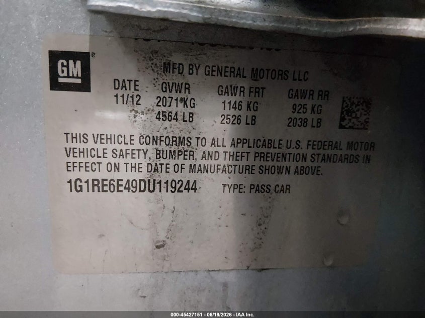 2013 Chevrolet Volt VIN: 1G1RE6E49DU119244 Lot: 45427151