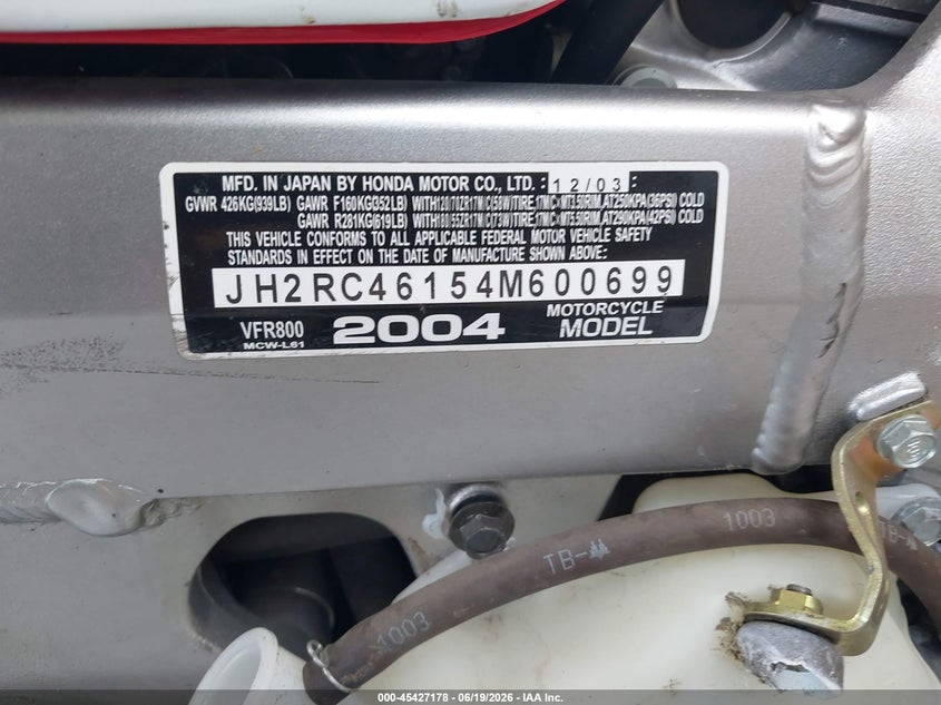 2004 Honda Vfr800 VIN: JH2RC46154M600699 Lot: 45427178