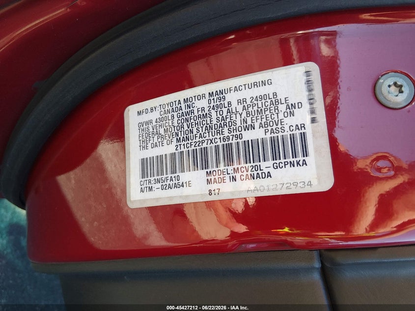 1999 Toyota Camry Solara Se V6 VIN: 2T1CF22P7XC169790 Lot: 45427212