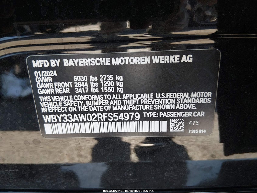 2024 BMW I4 Gran Coupe M50 VIN: WBY33AW02RFS54979 Lot: 45427213