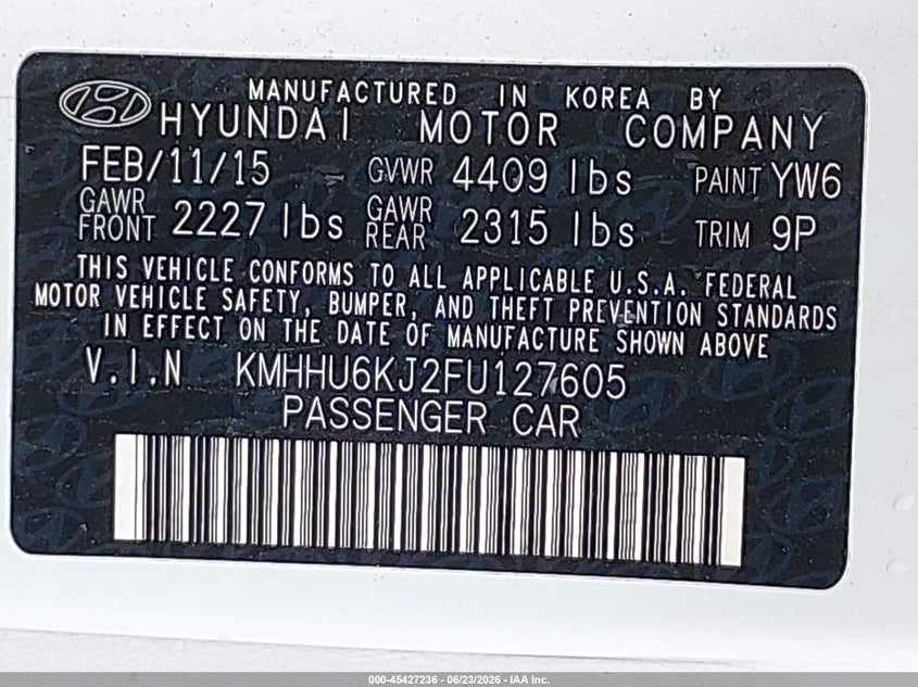 2015 Hyundai Genesis 3.8 Ultimate VIN: KMHHU6KJ2FU127605 Lot: 45427236