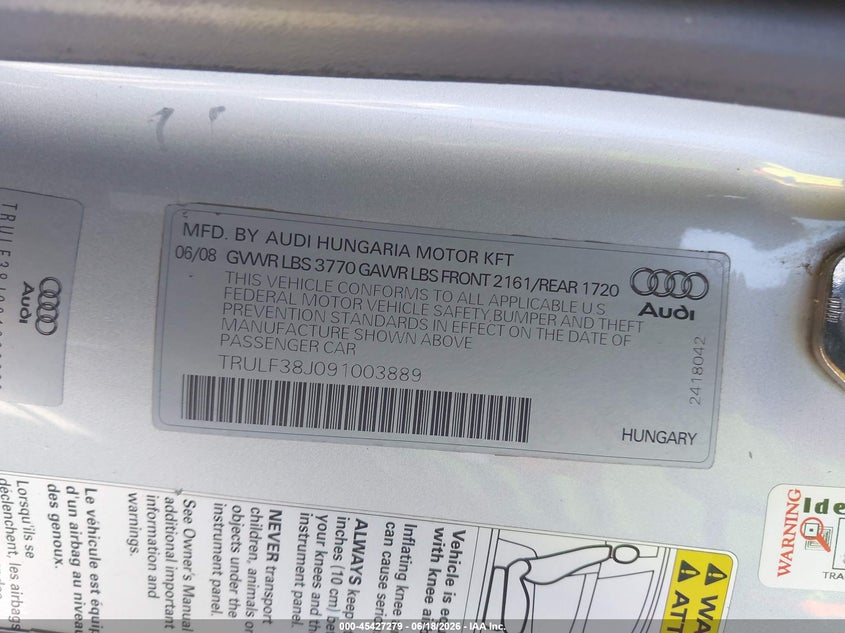 2009 Audi Tt 2.0T VIN: TRULF38J091003889 Lot: 45427279