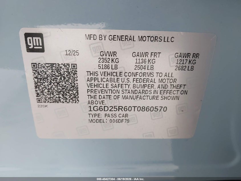 2026 Cadillac Ct5-V V-Series Blackwing Rwd VIN: 1G6D25R60T0860570 Lot: 45427304