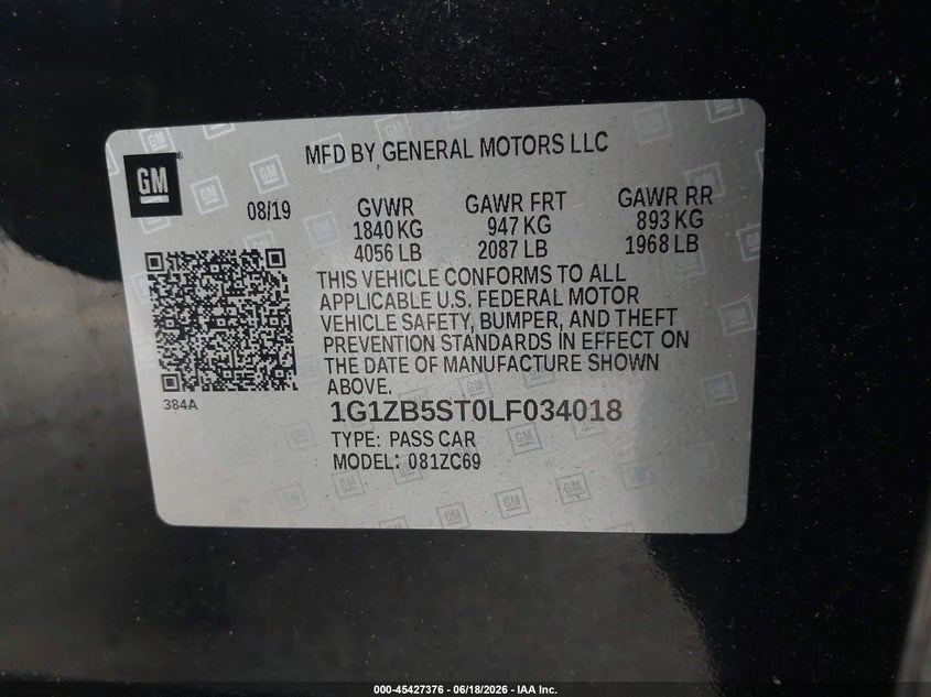 VIN 1G1ZB5ST0LF034018 2020 CHEVROLET MALIBU FWD LS