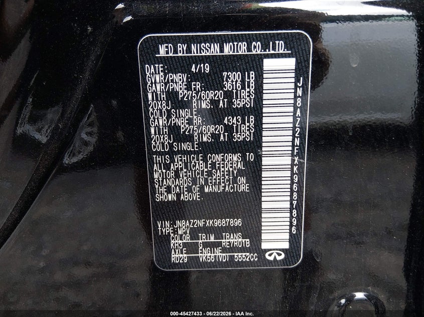 2019 Infiniti Qx80 Luxe VIN: JN8AZ2NFXK9687896 Lot: 45427433