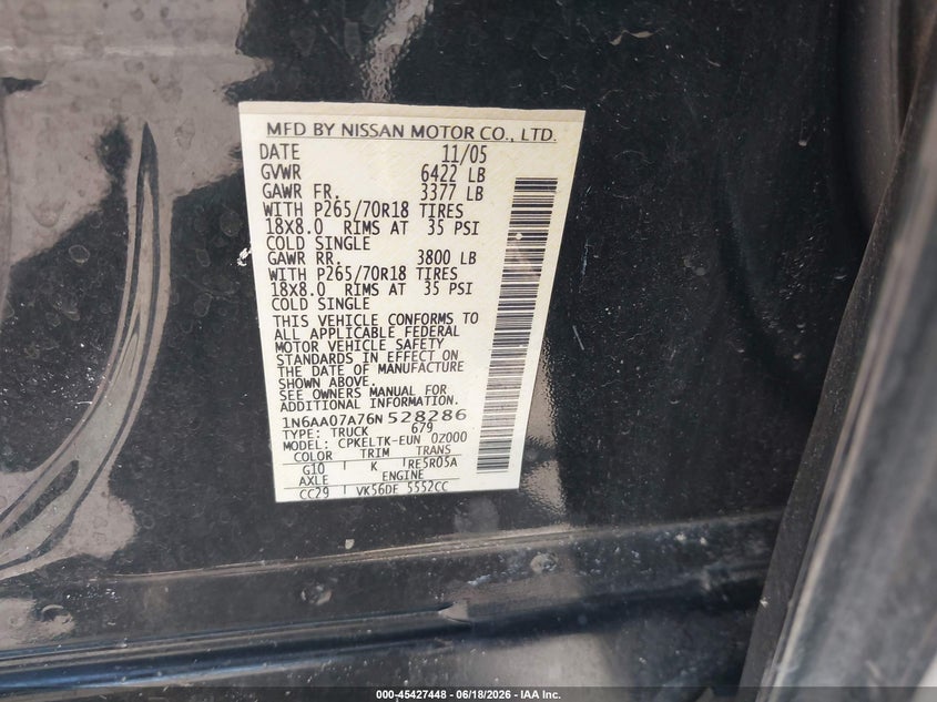 2006 Nissan Titan Se VIN: 1N6AA07A76N528286 Lot: 45427448