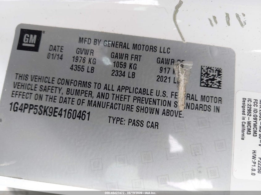 2014 Buick Verano VIN: 1G4PP5SK9E4160461 Lot: 45427472