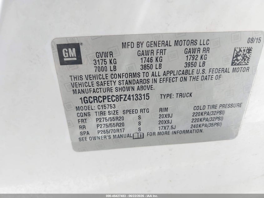 2015 CHEVROLET SILVERADO TRUCK 5.3L V-8 DI, VVT, 355HP