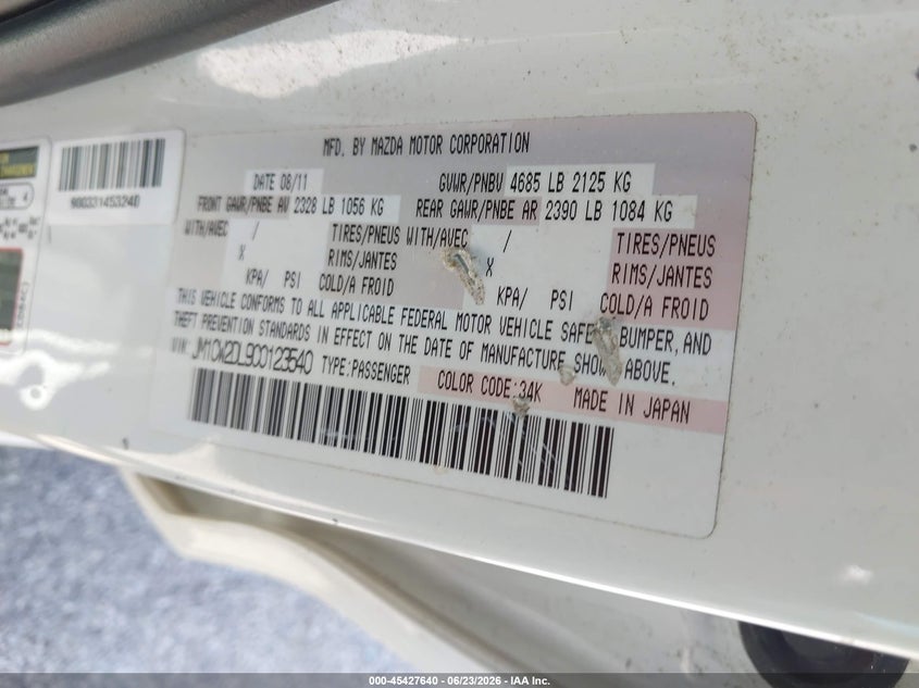 2012 Mazda Mazda5 Grand Touring VIN: JM1CW2DL9C0123540 Lot: 45427640