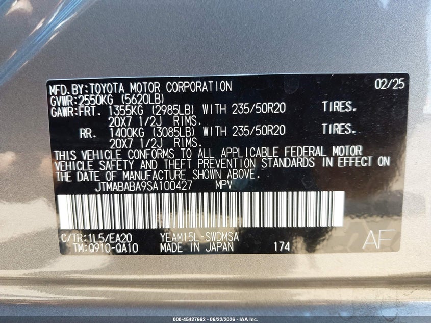 2025 Subaru Solterra Limited VIN: JTMABABA9SA100427 Lot: 45427662
