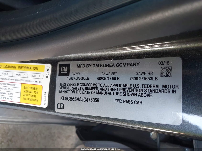 2018 Chevrolet Spark Ls Cvt VIN: KL8CB6SA5JC475359 Lot: 45427667