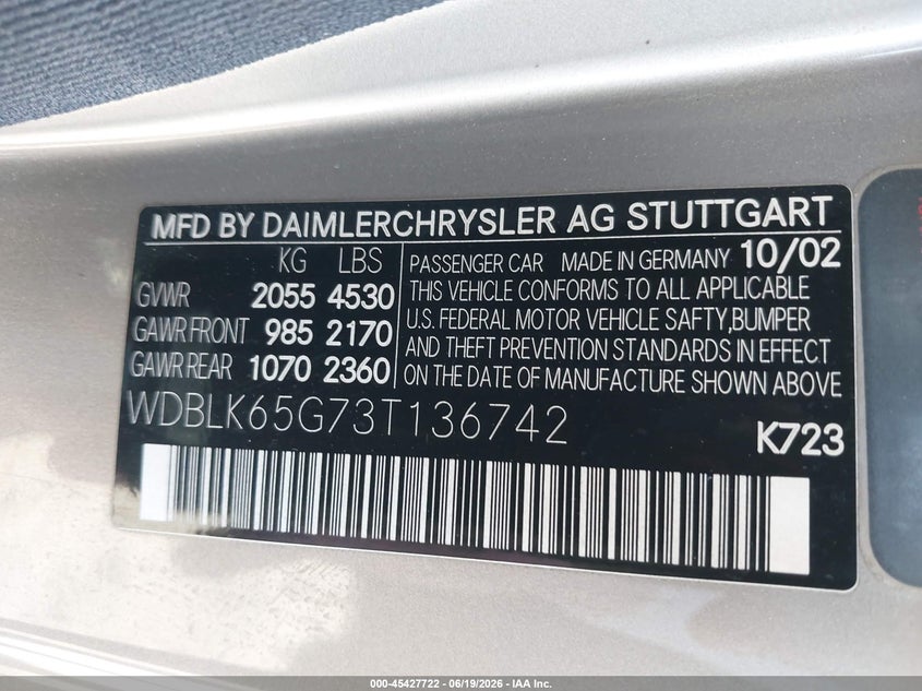2003 Mercedes-Benz Clk 320 VIN: WDBLK65G73T136742 Lot: 45427722