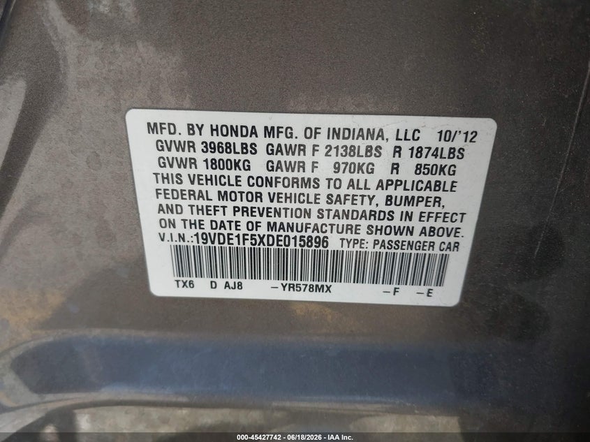 2013 Acura Ilx 2.0L VIN: 19VDE1F5XDE015896 Lot: 45427742