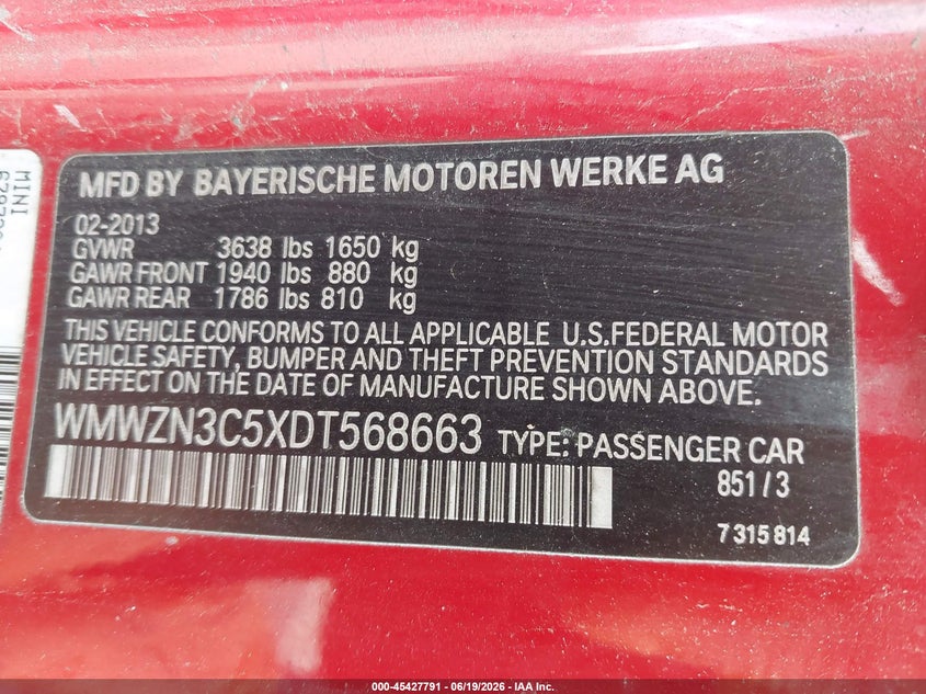 2013 Mini Convertible Cooper VIN: WMWZN3C5XDT568663 Lot: 45427791