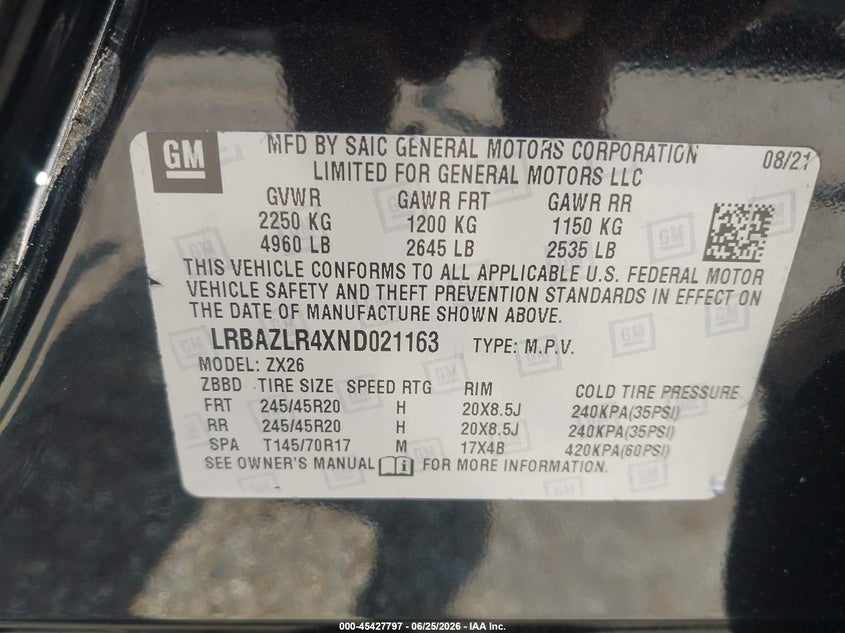 2022 Buick Envision Fwd Preferred VIN: LRBAZLR4XND021163 Lot: 45427797