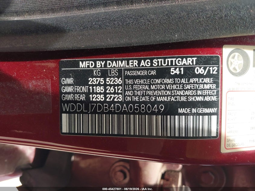 2013 Mercedes-Benz Cls 550 VIN: WDDLJ7DB4DA058049 Lot: 45427801