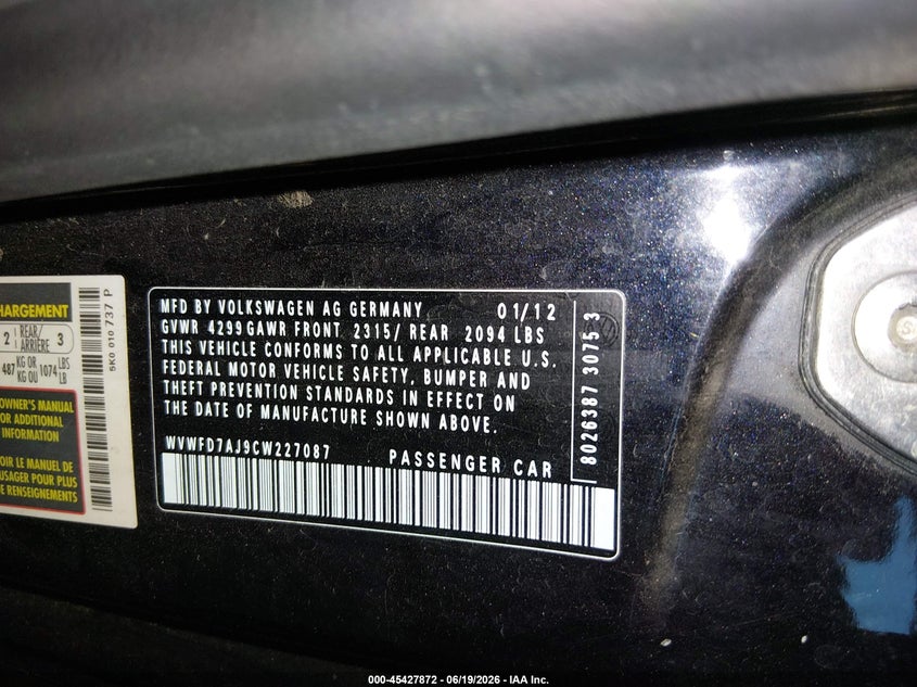 2012 Volkswagen Gti 2-Door VIN: WVWFD7AJ9CW227087 Lot: 45427872