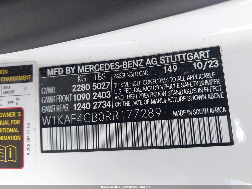 2024 Mercedes-Benz C 300 VIN: W1KAF4GB0RR177289 Lot: 45427880