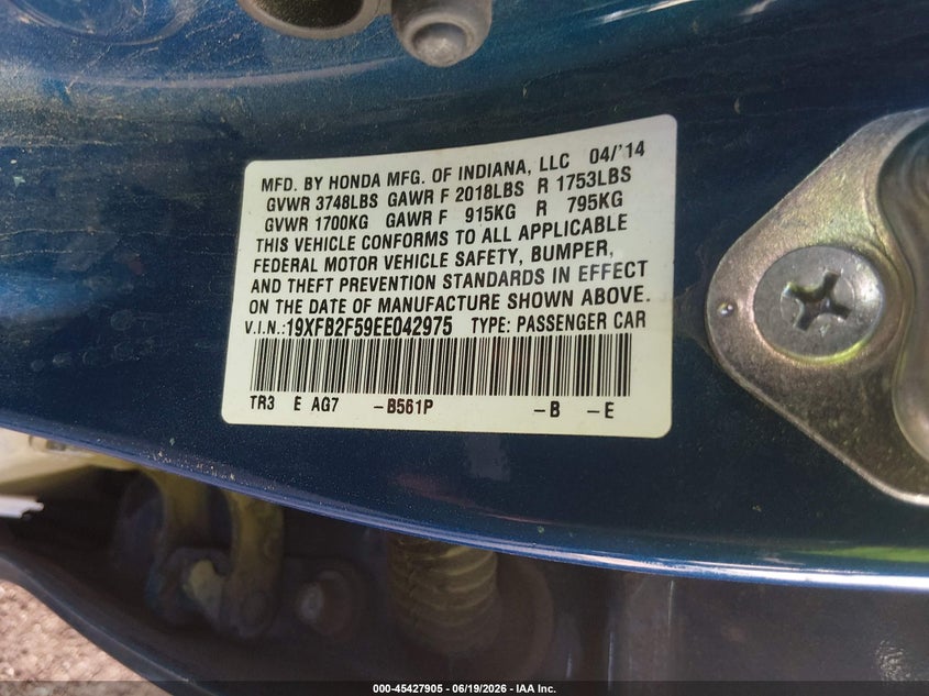 2014 HONDA CIVIC SEDAN 1.8L I-4 VVT, 143HP