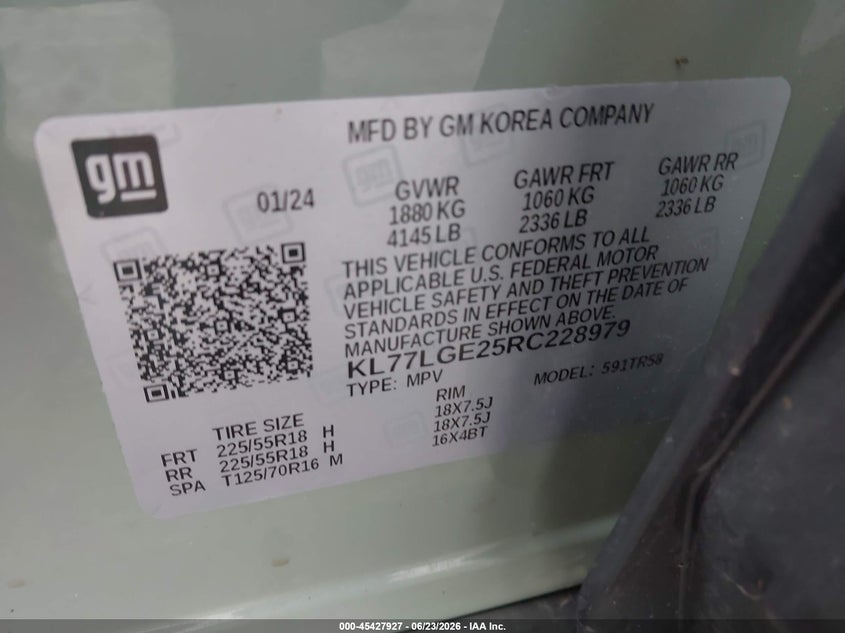 2024 Chevrolet Trax Fwd 1Rs VIN: KL77LGE25RC228979 Lot: 45427927