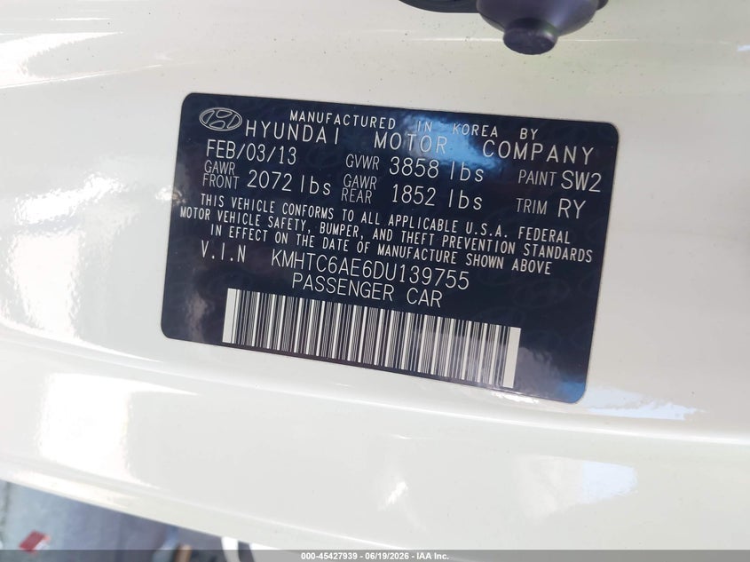 2013 Hyundai Veloster Turbo W/Black VIN: KMHTC6AE6DU139755 Lot: 45427939