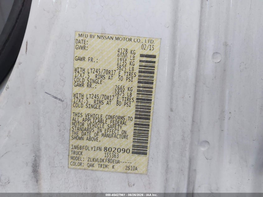 2015 Nissan Nv Cargo Nv2500 Hd S V6 VIN: 1N6BF0LY1FN802090 Lot: 45427961