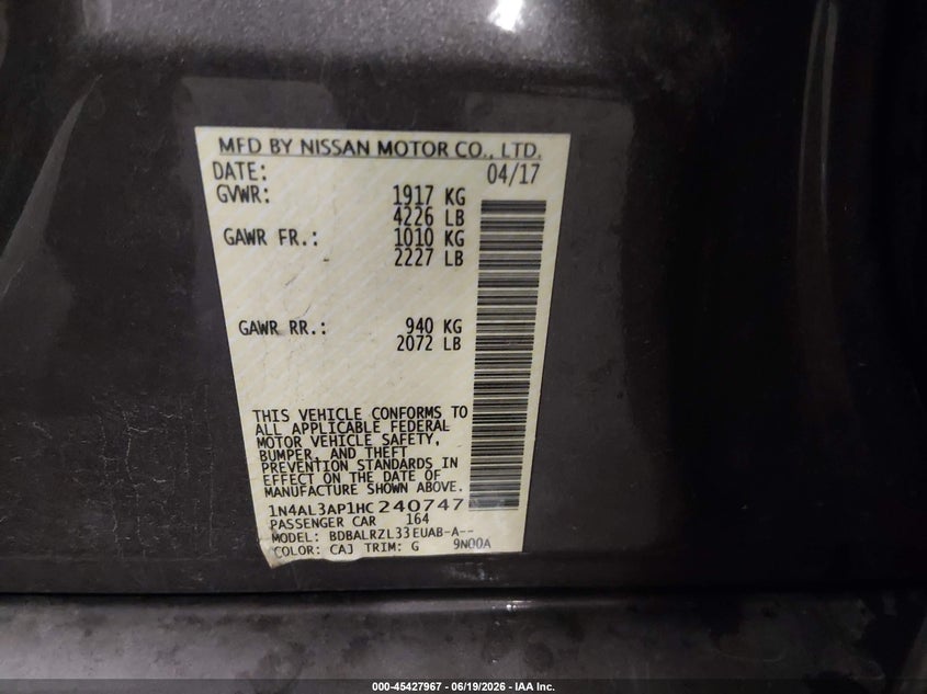 2017 NISSAN ALTIMA SEDAN 2.5L I-4 DOHC, VVT, 179HP