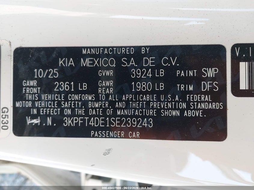VIN 3KPFT4DE1SE239243 2025 KIA K4 LX