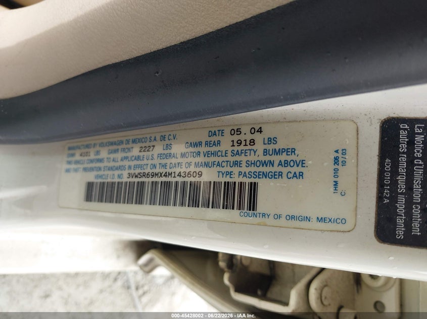 2004 Volkswagen Jetta Gls Tdi VIN: 3VWSR69MX4M143609 Lot: 45428002