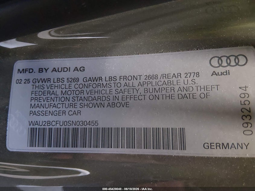 2025 Audi All-New A5 Premium Plus Tfsi Quattro S Tronic VIN: WAU2BCFU0SN030455 Lot: 45428048
