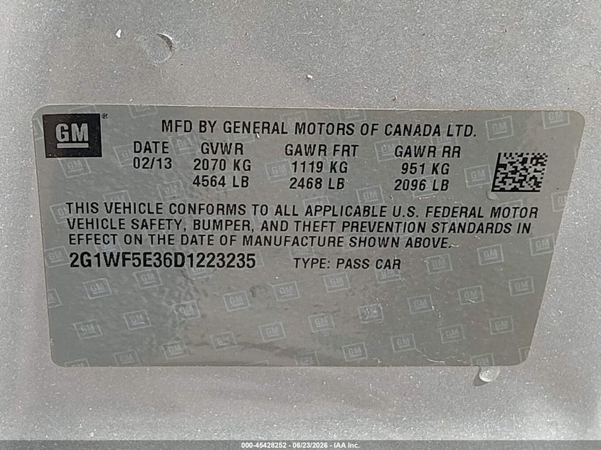 2013 Chevrolet Impala Ls VIN: 2G1WF5E36D1223235 Lot: 45428252