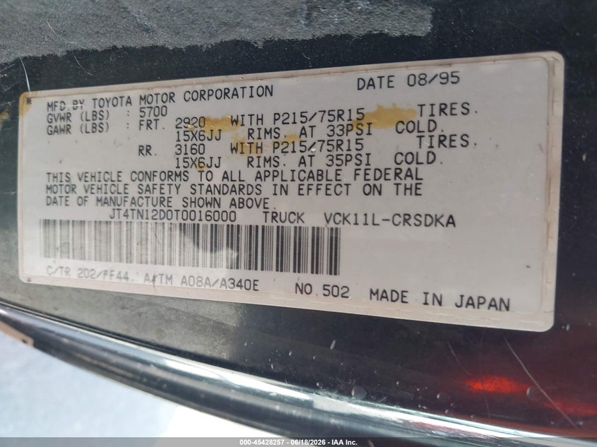 1996 Toyota T100 Xtracab VIN: JT4TN12D0T0016000 Lot: 45428257