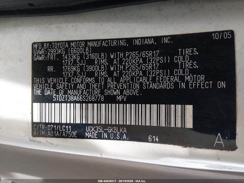 2006 Toyota Sequoia Limited V8 VIN: 5TDZT38A66S268778 Lot: 45428317