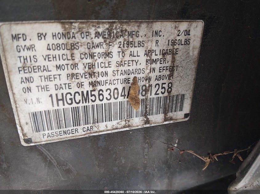 2004 Honda Accord 2.4 Lx VIN: 1HGCM56304A081258 Lot: 45428360