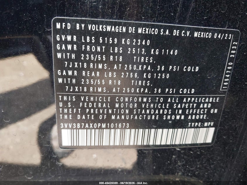 2023 Volkswagen Tiguan 2.0T Se VIN: 3VV3B7AX0PM101673 Lot: 45428389