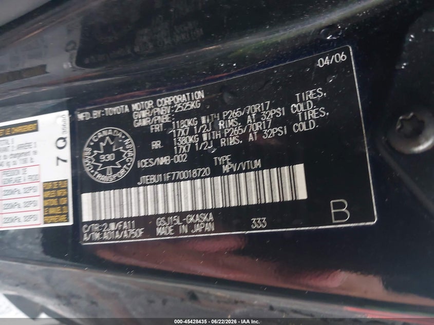 2007 Toyota Fj Cruiser VIN: JTEBU11F770018720 Lot: 45428435