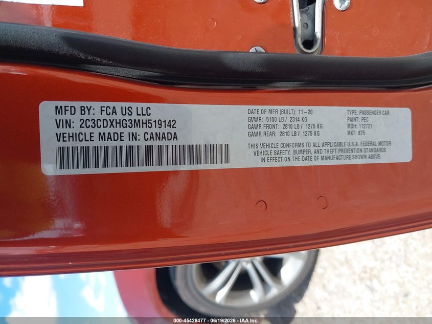 2021 Dodge Charger Gt Rwd VIN: 2C3CDXHG3MH519142 Lot: 45428477