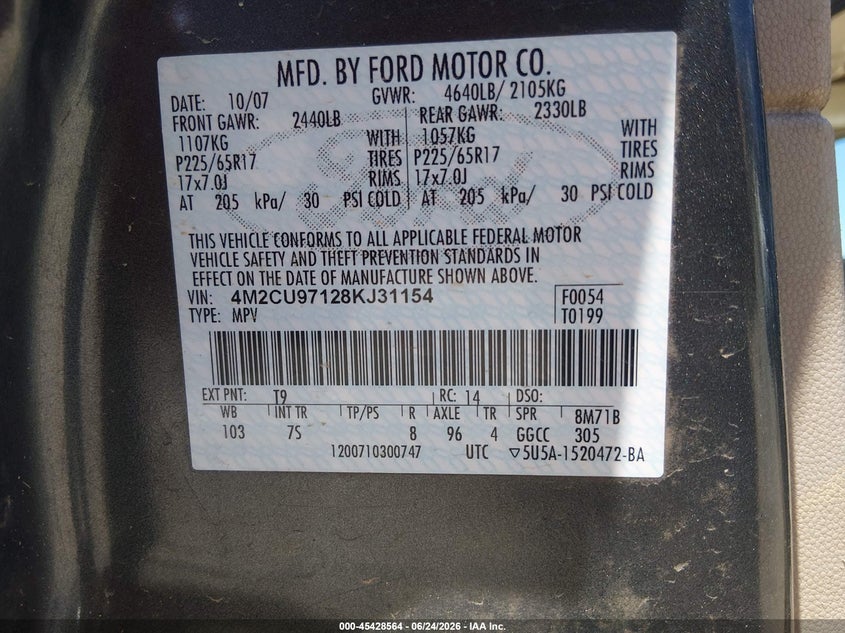 2008 Mercury Mariner Premier VIN: 4M2CU97128KJ31154 Lot: 45428564