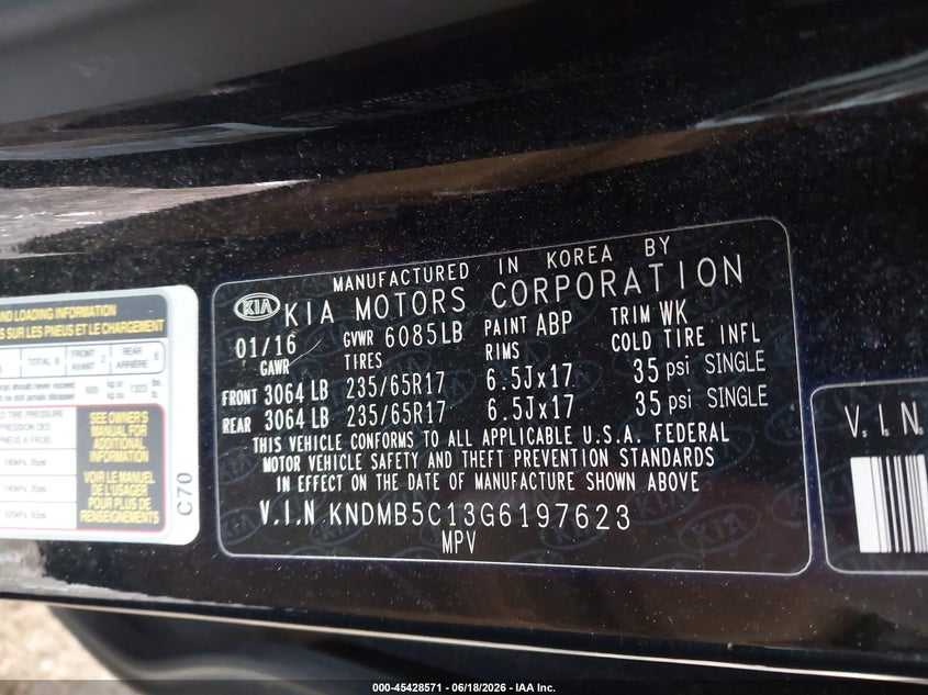 2016 Kia Sedona Lx VIN: KNDMB5C13G6197623 Lot: 45428571