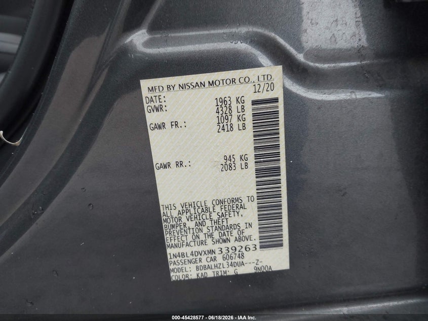 VIN 1N4BL4DVXMN339263 2021 NISSAN ALTIMA SV FWD