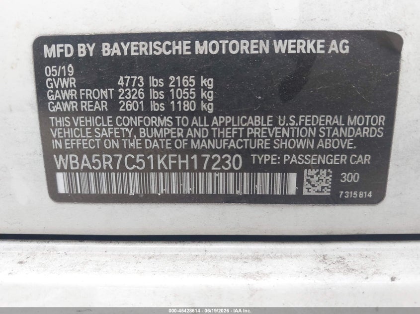 2019 BMW 330I xDrive VIN: WBA5R7C51KFH17230 Lot: 45428614