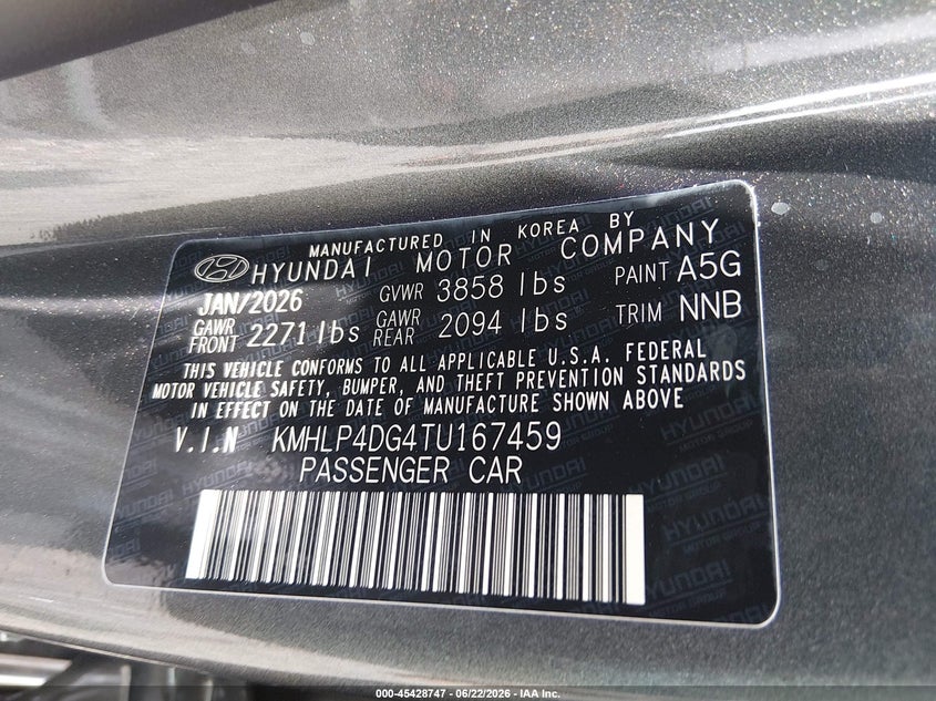 2026 Hyundai Elantra Limited VIN: KMHLP4DG4TU167459 Lot: 45428747