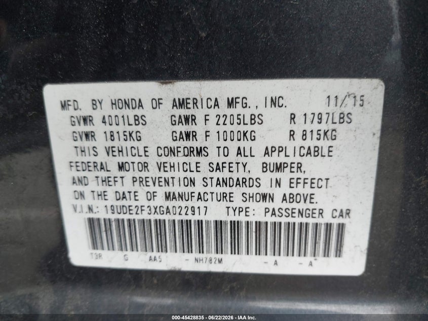 2016 Acura Ilx 2.4L/Acurawatch Plus Package VIN: 19UDE2F3XGA022917 Lot: 45428835